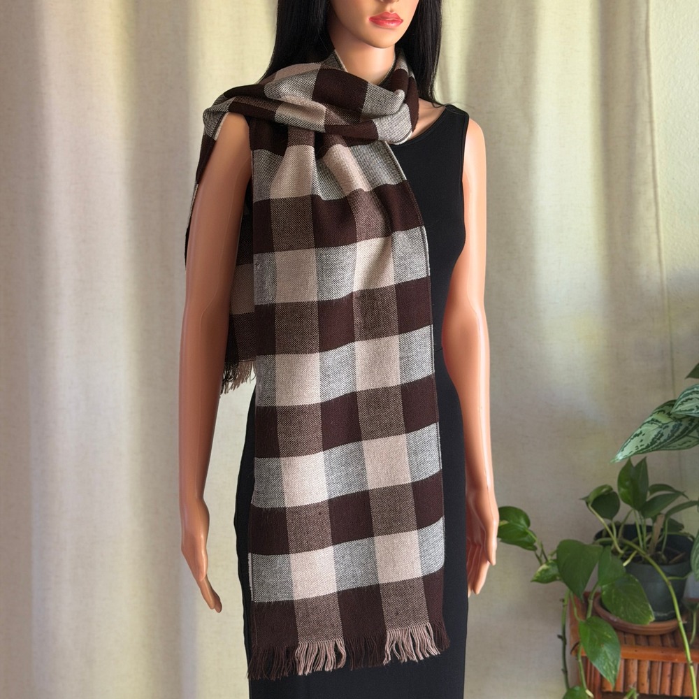 Vtg 70s Brown Buffalo Plaid Checkered Fringed Scarf Woven Tan Cream Cabincore